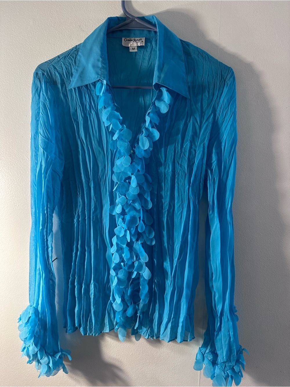 Blue Ruffled Sheer Blouse - Medium